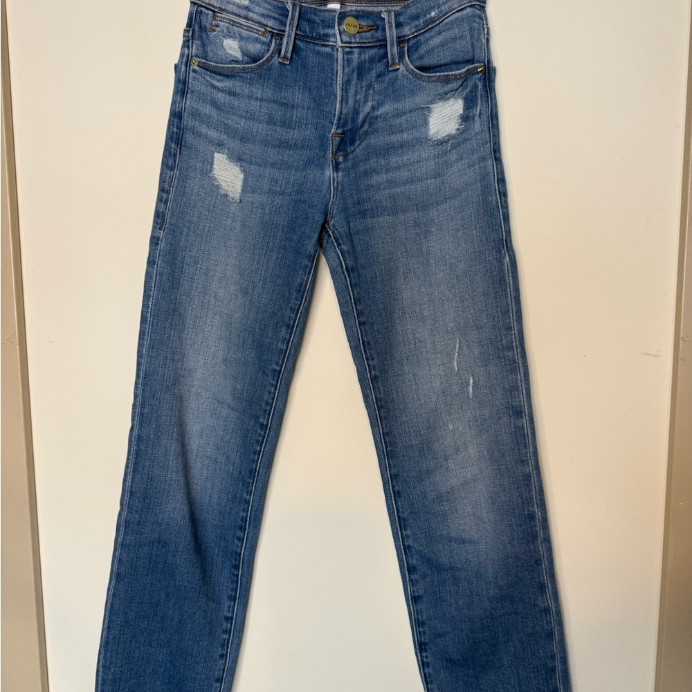 Frame Le High Straight Laskey Rips Distressed Denim Jeans Light Wash Size 23 - Picture 5 of 10